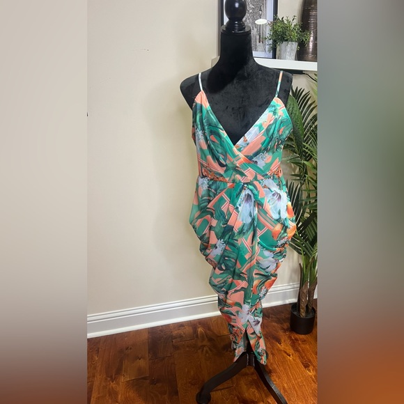 PrettyLittleThing Peach Fruit Print Chiffon Strappy Draped Midi Dress US 12 - Picture 3 of 10